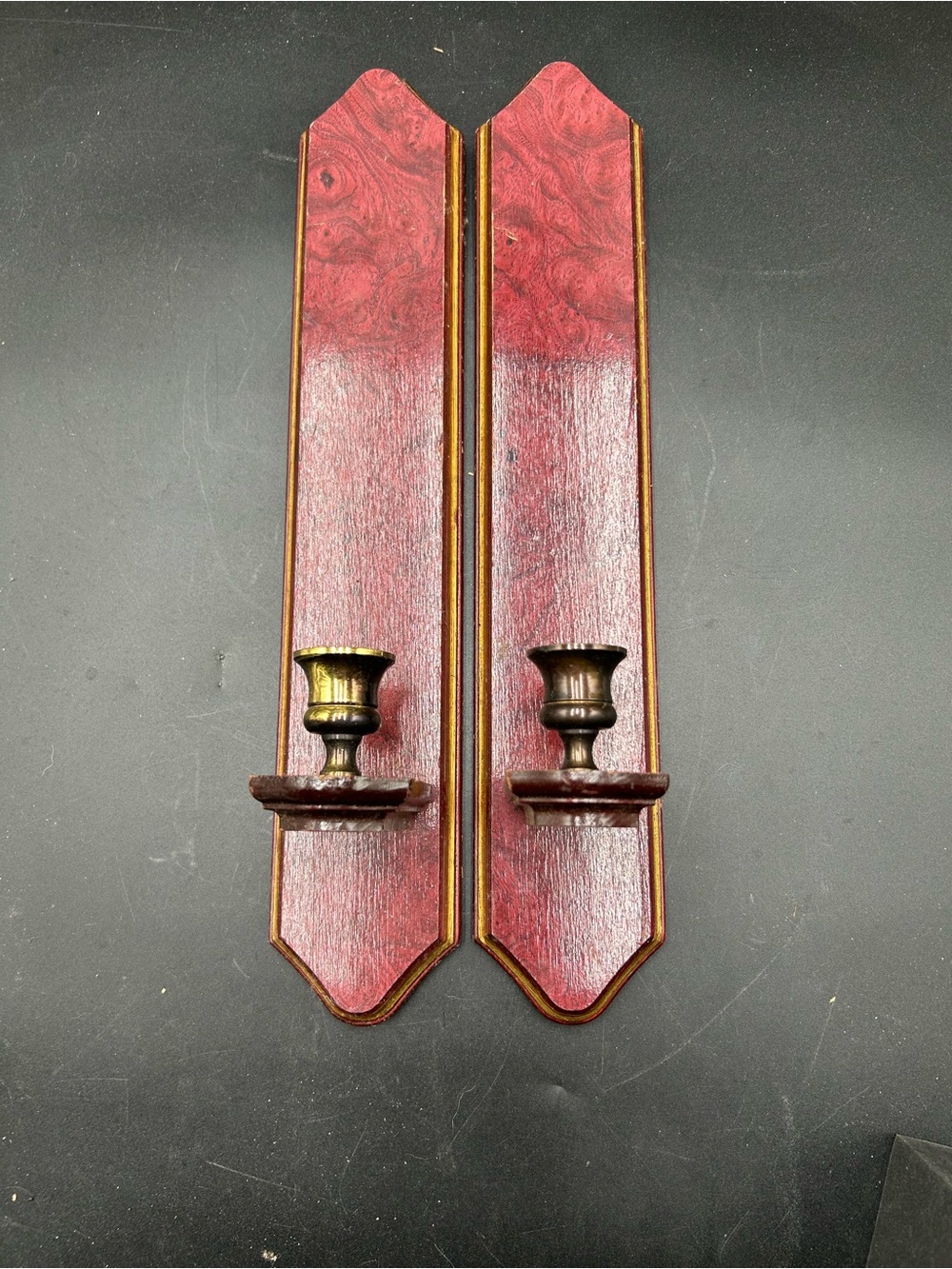 Vintage wood candle wall sconces with brass tone